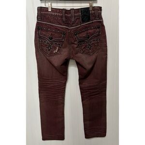 ROCK REVIVAL Marlin Burgundy Straight Rhinestone Stud Jeans Mens Size 32 x 32